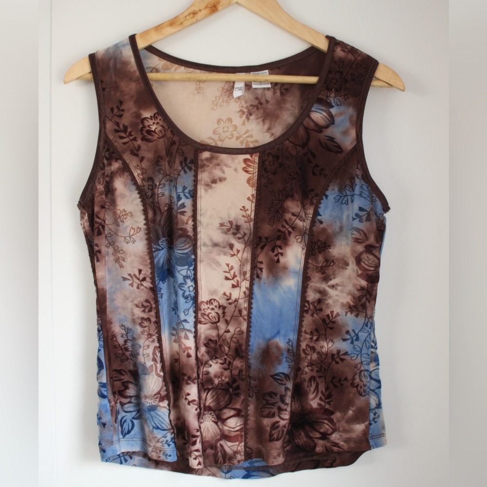 Floral Sleeveless Top - Brown and Blue